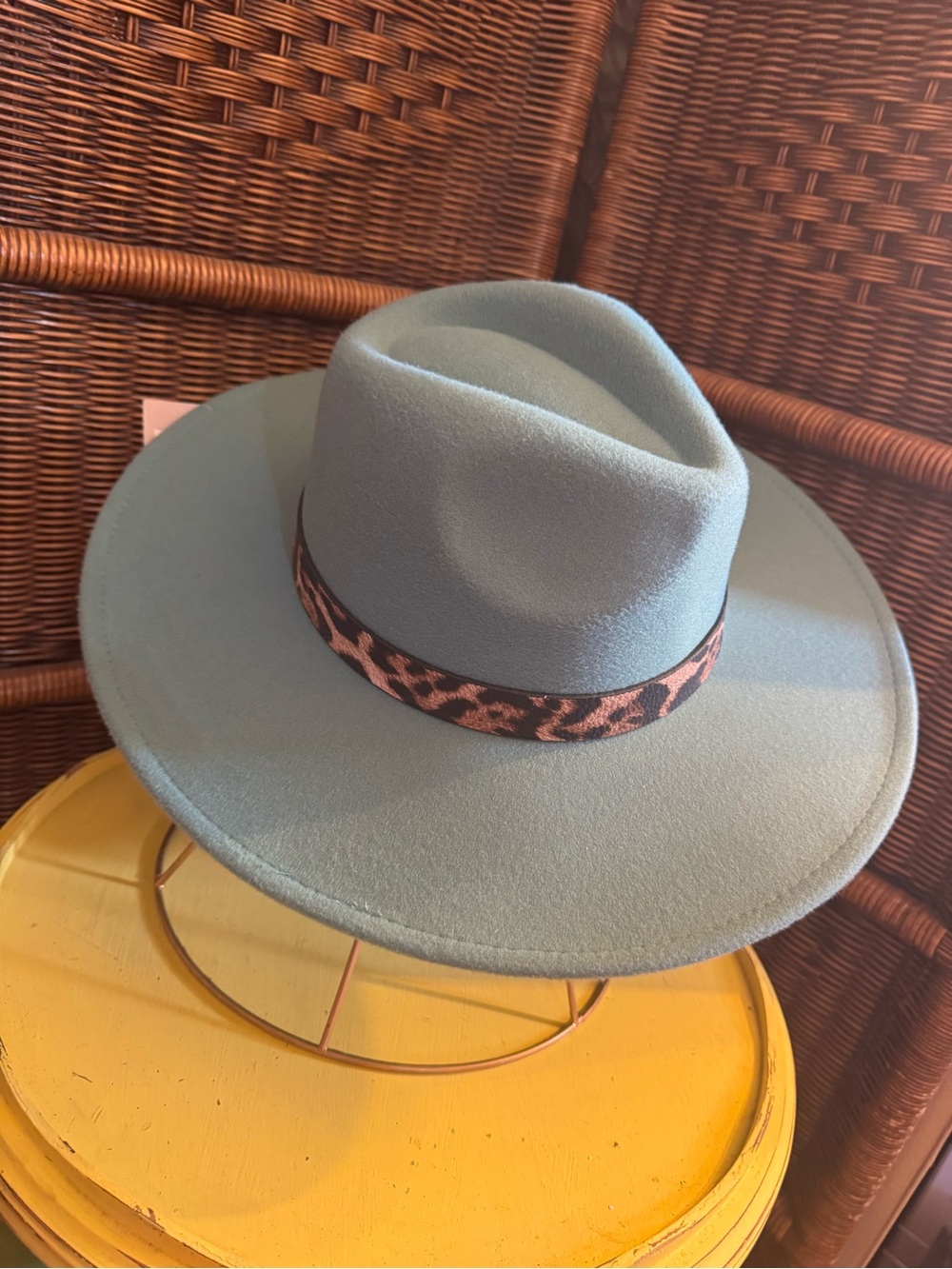 C.C. Boutique Sage Green Wide-Brim Fedora with Leopard Band